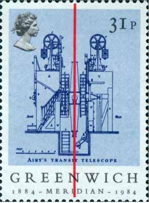 Airy's transit telescope on a stamp commemorating the 100th anniversary of the Greenwich meridian
