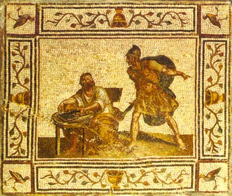 The death of Archimedes depicted on a Roman floor mosaic