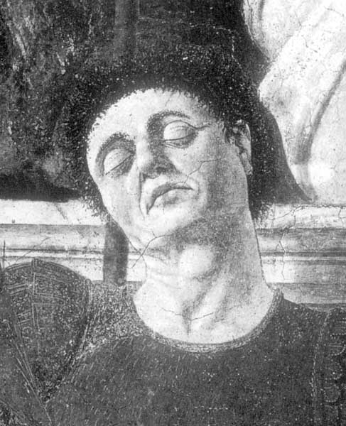 The head above from the fresco of The Resurrection at Sansepolcro is claimed to be a self portrait.The whole fresco is below