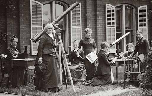 Maria Mitchell with telescopes and students