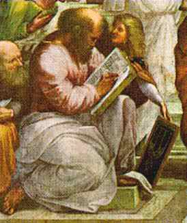 This is a detail from the fresco The School of Athens by RaphaelYou can see the whole fresco